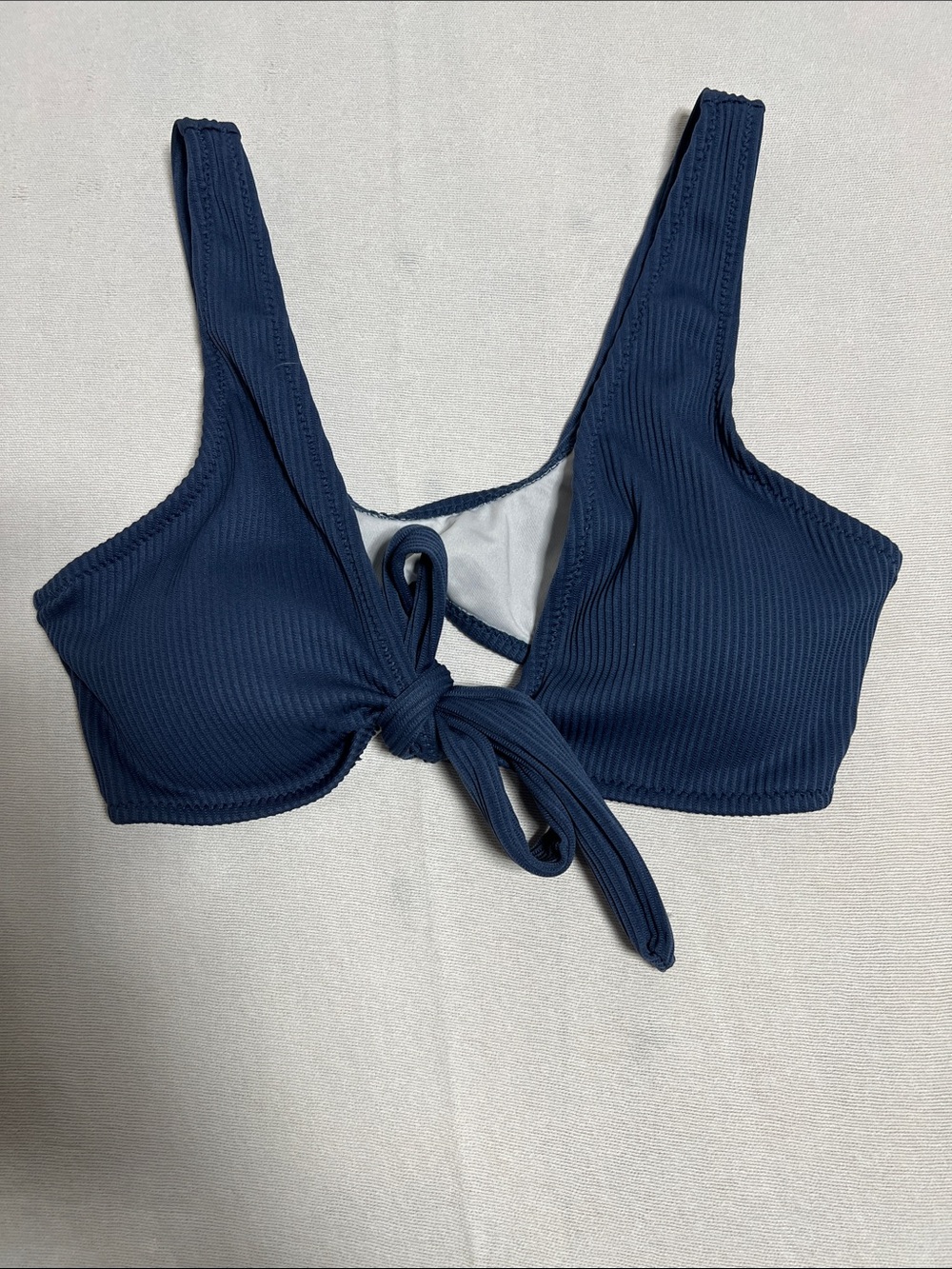 Ribbed Navy Tie-Front Bikini Top